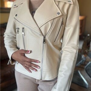 Cream Leather Biker Jacket